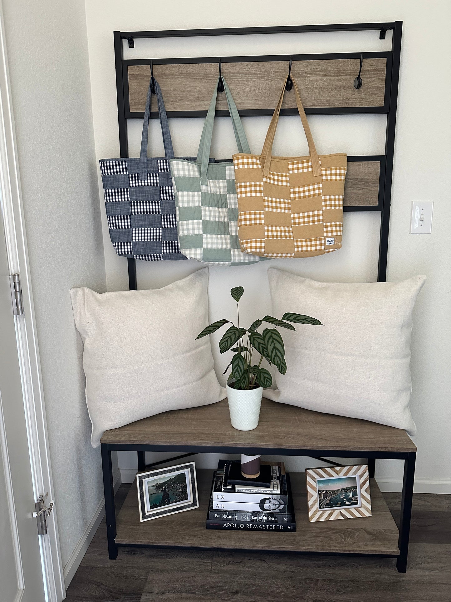 A trio of beginner-friendly Due Pinoli quilted Baseline Tote Bags made over a few weeks.