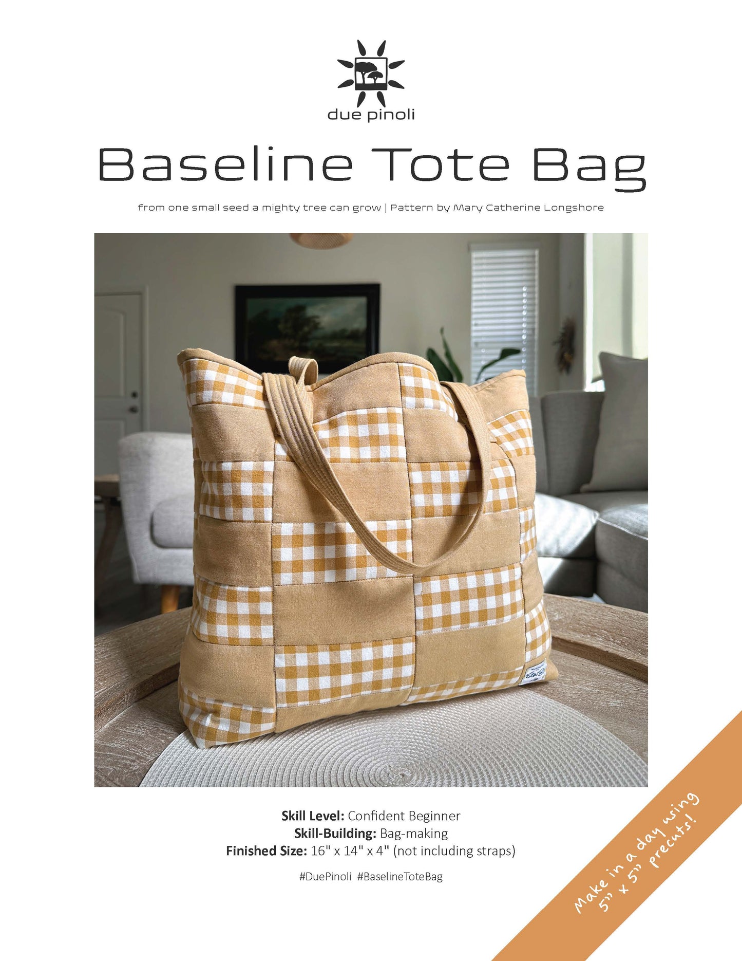 Cover page of the Due Pinoli Baseline Tote Bag quilted tote bag PDF pattern.